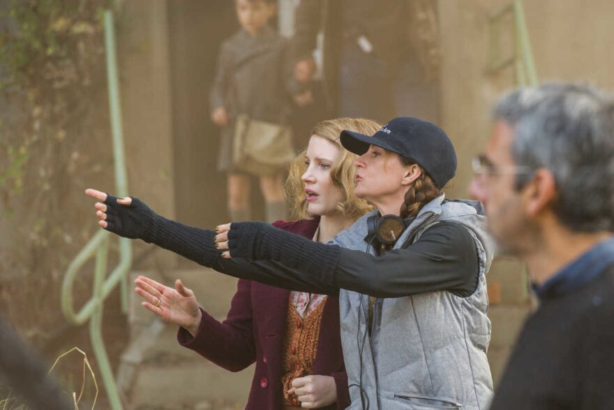 Director Niki Caro guides actress Jessica Chastain through a scene in "The Zookeeper's Wife."