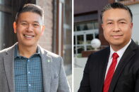 Two photos side by side. Left photo pictures a smiling man wearing a grey jacket and blue and grey plaid  shirt. Right photo pictures a man wearing a black suit, white shirt and red tie.