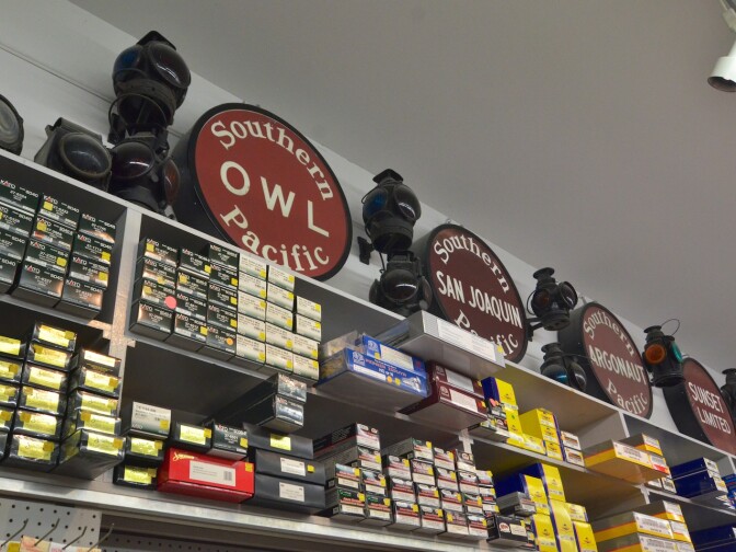 Model trains and train memorabilia line the walls of The Original Whistle Stop in Pasadena.