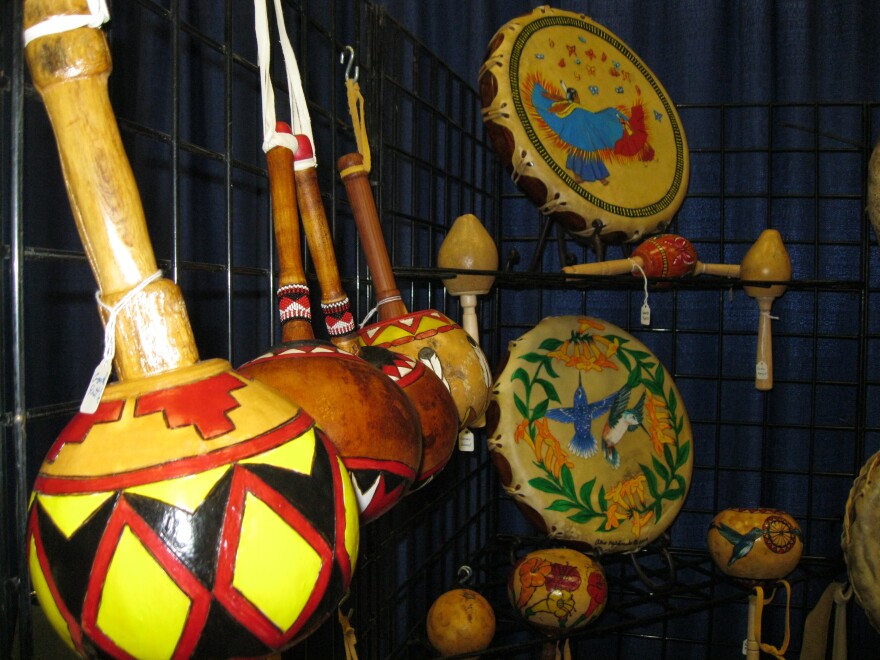 Native American drums, gourds and flutes made by hand by Alex Maldonado, who sells them at Indian markets.  This was his first time displaying his instruments at the NAMM show in Anaheim.