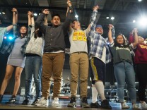 Juniors and seniors from the School of History & Dramatic Arts take a bow after their performance of "Kaleidoscope" at Burbank Middle School on Friday, April 29, 2016. The play was put on with the CalArts Community Arts Partnership.