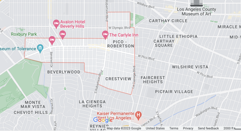 a map shows the outline of the Pico Robertson neighborhood in the city of L.A.
