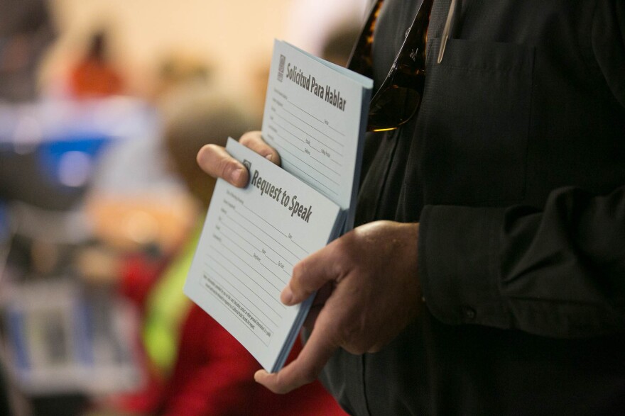 Town hall meeting at the Paramount Community Center hosted by South Coast Air Quality Management District (SCAQMD) and Los Angeles County Department of Public Health to provide the public with information on air monitoring efforts and the investigation of hexavalent chromium sources on Monday, Dec. 12, 2016 in Paramount, Calif.
