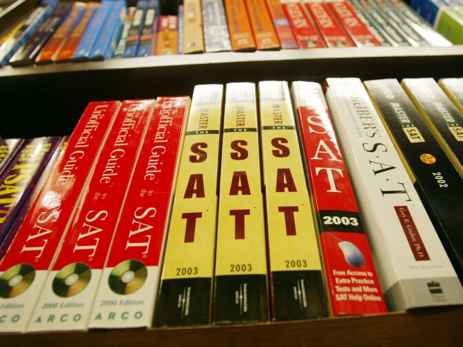 SAT test preparation books sit on a shelf at a bookstore in New York City.