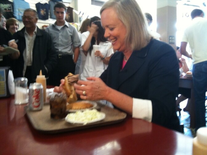 Republican governor candidate Meg Whitman, the billionaire former head of eBay, eats at Philippe's Restaurant in downtown Los Angeles.