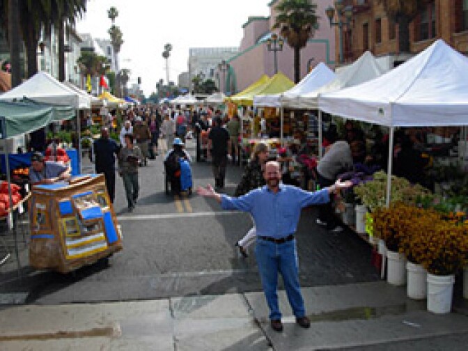 Russ Parsons at the Santa Monica Farmer's Market after being named to the James Beard Foundation's Who's Who.