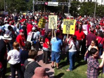 Hundreds of teachers gather in downtown Los Angeles' Pershing Square on Friday, May 13, 2011 as part of a statewide campaign to rally against cuts in education funding.
