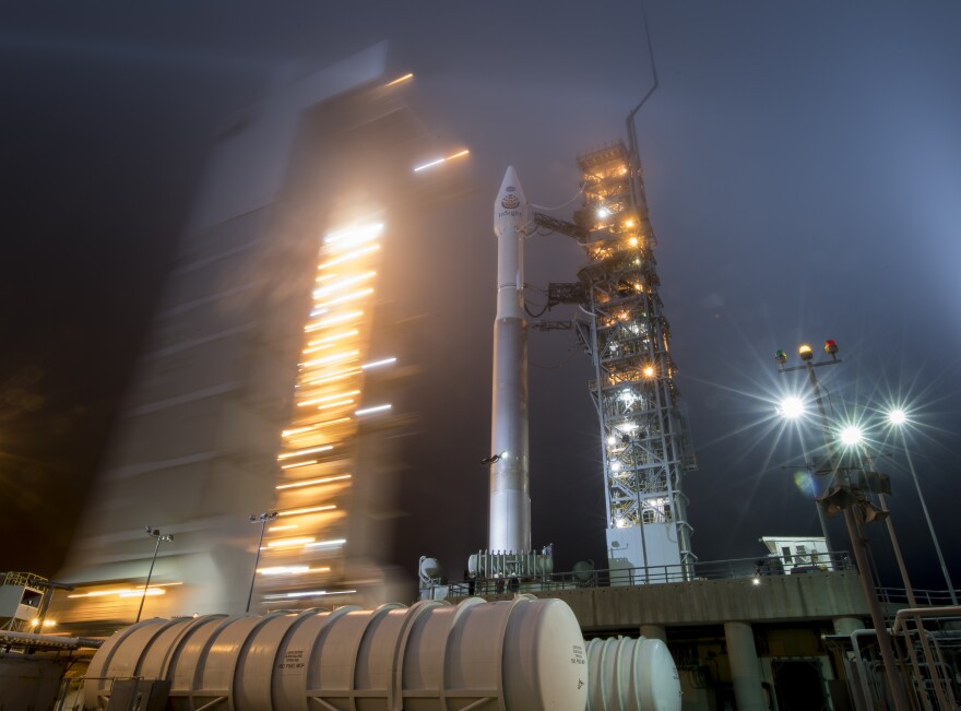 In this handout provided by NASA, the mobile service tower at SLC-3 is rolled back to reveal the United Launch Alliance (ULA) Atlas-V rocket with the NASA InSight spacecraft onboard on Friday May 4, 2018, at Vandenberg Air Force Base in California.