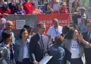 L.A. Mayor Eric Garcetti (center) stands with Denim Day activists and L.A. City Councilmember Nury Martinez (right). 