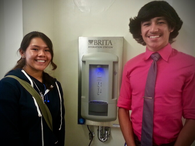 Students Joshua Guzman and Andrea Ortega were part of a group that worked to bring a hydration station to Jefferson High School. It is the first one at a LAUSD school.
