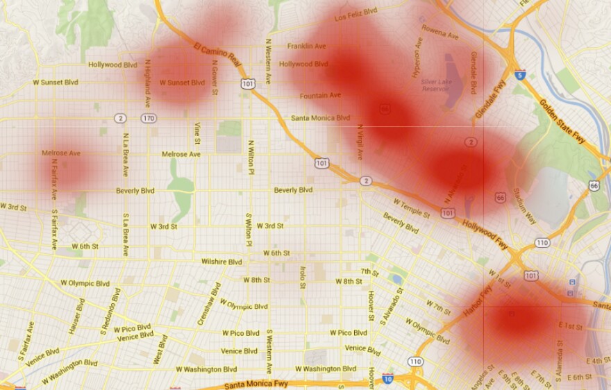 This above blotchy rash spreading across Los Angeles represents Yelp reviews that mention the word "hipster." 