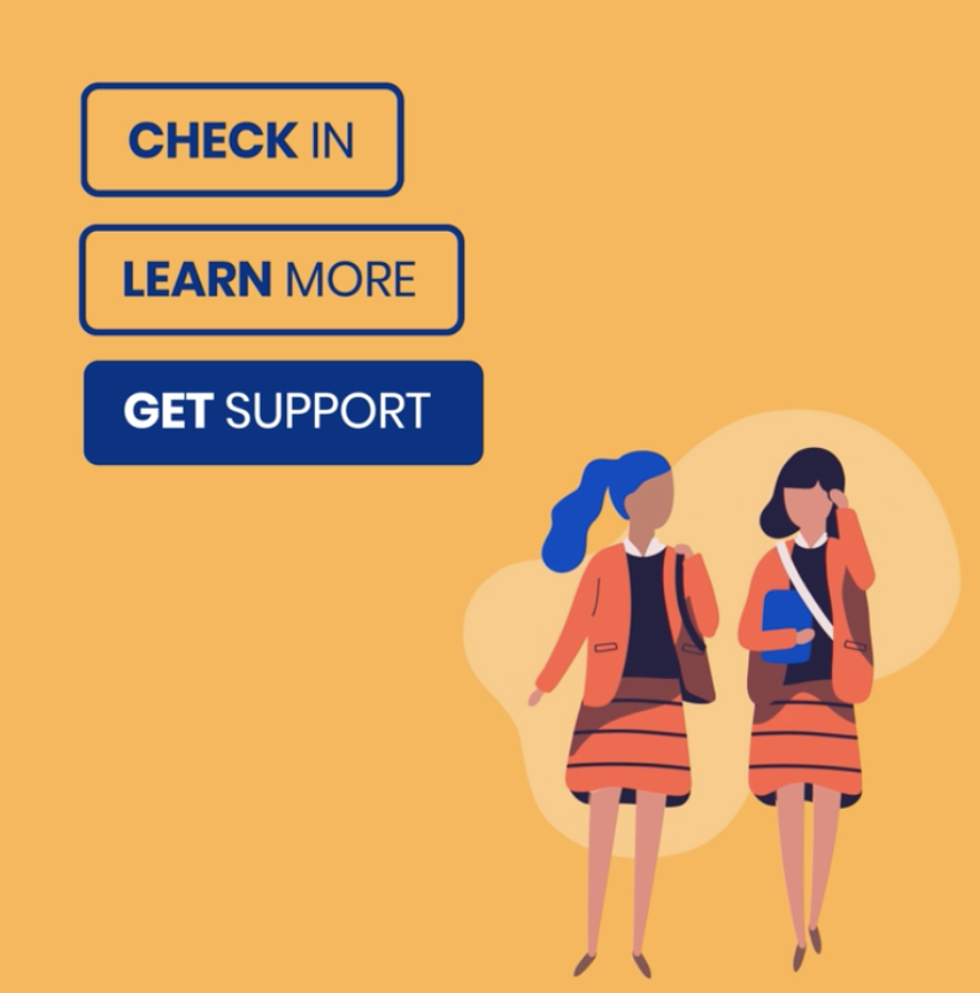 A screenshot from the "Take Action for Mental Health" website reads "Check In," "Learn More," and "Get Support." Artwork depicts two people standing next to each other and talking.