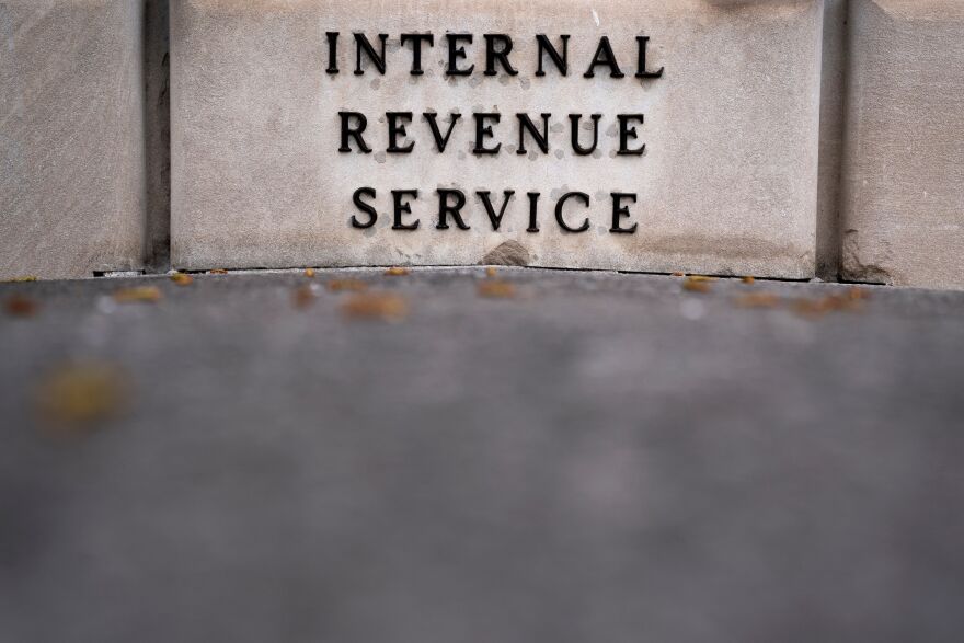 The letters IRS are afixed for a stone building