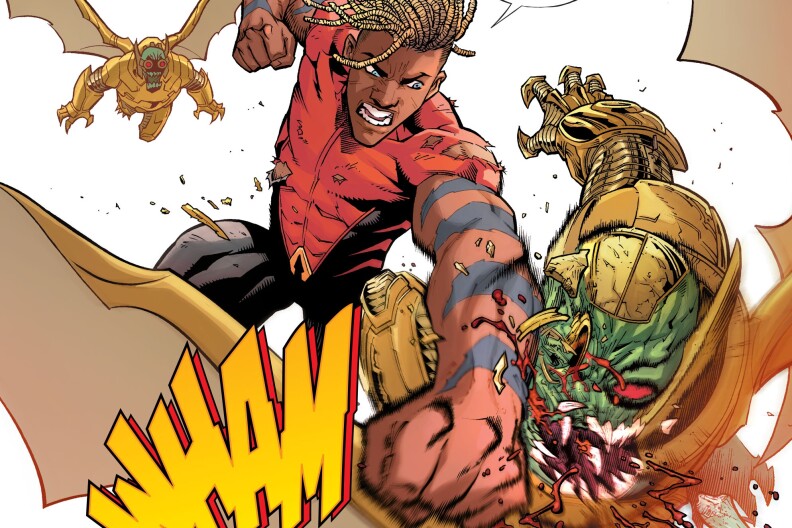 Jackson Hyde punches a parademon, another behind him. The punch has a WHAM sound effect, with the creature's facial features quickly disfigured from the impact.