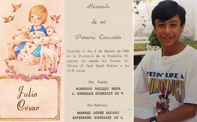 Julio Vallejo's First Communion Card from Mexico, featuring a blond child Jesus — next to Julio as a child.