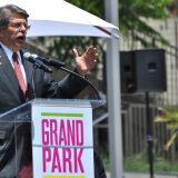 Supervisor Zev Yaroslavsky  speaks to the crowd during Grand Park's