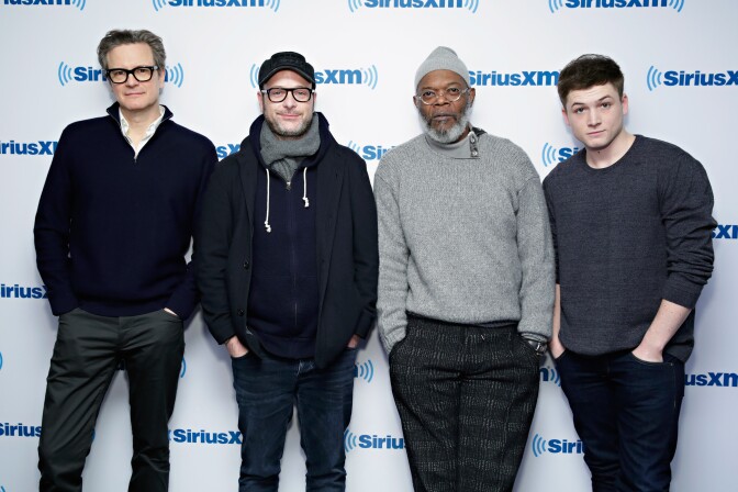 NEW YORK, NY - FEBRUARY 09:  (EXCLUSIVE COVERAGE)  Colin Firth, Samuel L. Jackson, Matthew Vaughn and Taron Egerton take part in SiriusXM's Entertainment Weekly Radio "Kingsman: The Secret Service" Special with Samuel L. Jackson, Colin Firth, Taron Egerton and Matthew Vaughn on SiriusXM's Entertainment Weekly Radio channel at the SiriusXM Studioson February 9, 2015 in New York City.  (Photo by Cindy Ord/Getty Images for SiriusXM)