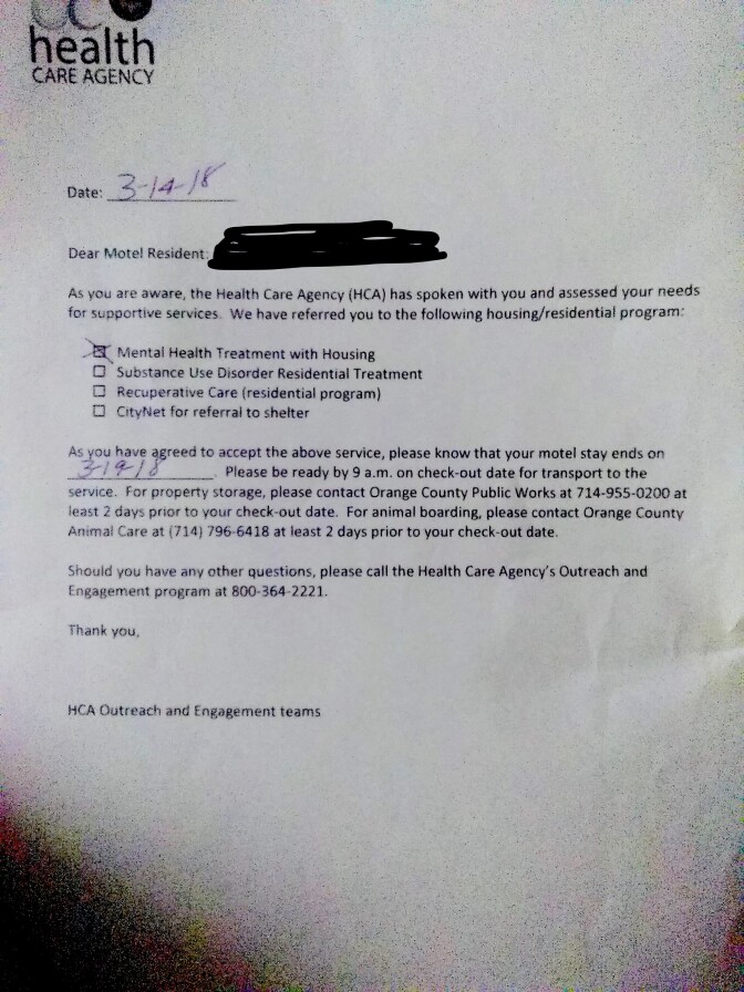 A letter received by one homeless person living in a motel since being evicted from the Santa Ana River, Mar. 14, 2018. 