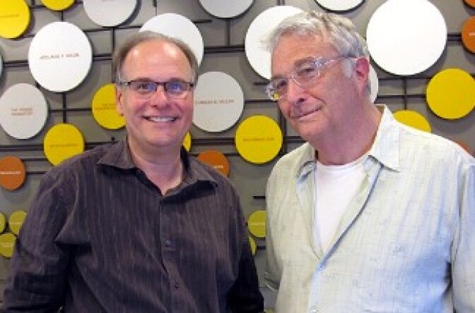 Academy Award-winning singer, songwriter and composer Randy Newman (R) with AirTalk host Larry Mantle (L).