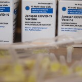 TIJUANA, MEXICO - JUNE 17: Detail of boxes with the U.S. donated Johnson & Johnson vaccine against Covid-19 at Universidad de Baja California on June 17, 2021 in Tijuana, Baja California. After the visit of Vice president Harris to Mexico, US sent a donation of 1.35 million doses of Johnson and Johnson vaccine. Vaccines will be administrated to anyone over 18 in 39 towns from the Mexican side of the border with United States. The aim of the project is to boost vaccination rates to level of the American cities across the border. (Photo by Francisco Vega/Getty Images)