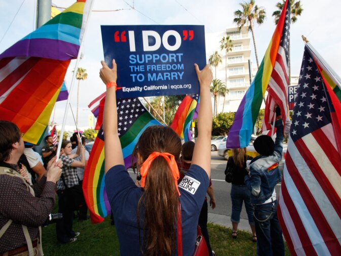 Gay-rights supporters demonstrate outside the Beverly Hills hotel in California, where President Obama attended a Democratic Party fundraiser in May.