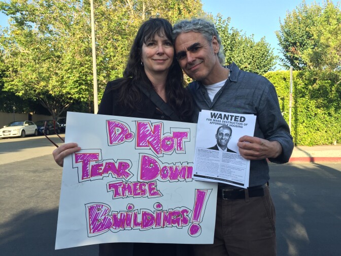 Karen Smalley and Steven Luftman have lived in a rent-controlled apartment in West Hollywood for 18 years. Through the Ellis Act, they're being evicted so their landlord can make way for taller condos.
