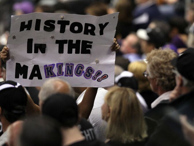  A Los Angeles Kings fan holds up a sign "History in the MaKings!!" in Game Six of the 2012 Stanley Cup Final at Staples Center on June 11, 2012 in Los Angeles, California.  