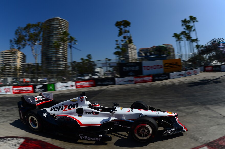 Will Power of Australia, driver of the #1 Verizon Team Penske Chevrolet Dallara, drives during warm-ups for the Toyota Grand Prix of Long Beach on April 19, 2015.