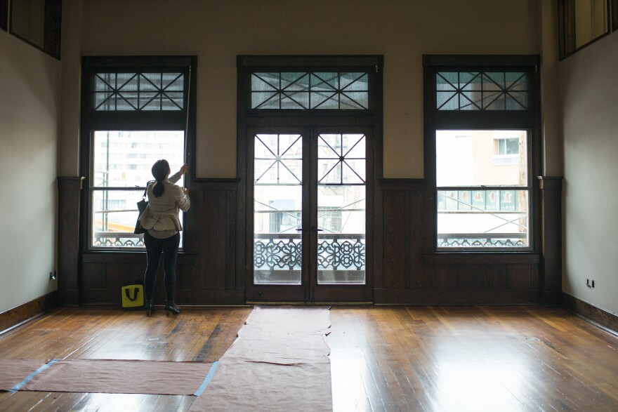 This space was formerly the banquet hall in the Italian Hall. These windows face out towards North Main Street. Renovations are almost completed for the Italian American Museum of Los Angeles, which will be housed in the hall.