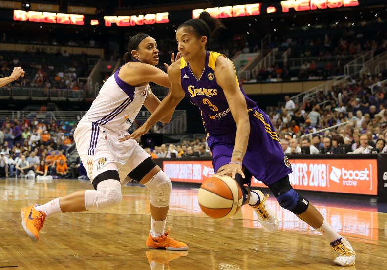Candace Parker #3 of the Los Angeles Sparks drives the ball  during Game Two of the WNBA semifinal playoffs against the Phoenix Mercury at US Airways Center on Sept. 21, 2013 in Phoenix, Arizona.
