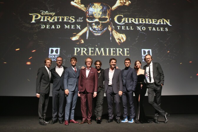 HOLLYWOOD, CA - MAY 18:  (L-R) Producer Jerry Bruckheimer, Director Espen Sandberg, actors Brenton Thwaites, Geoffrey Rush, Johnny Depp, Javier Bardem, Orlando Bloom, Kaya Scodelario and Director Joachim Ronning at the Premiere of Disneys and Jerry Bruckheimer Films Pirates of the Caribbean: Dead Men Tell No Tales, at the Dolby Theatre in Hollywood, CA with Johnny Depp as the one-and-only Captain Jack in a rollicking new tale of the high seas infused with the elements of fantasy, humor and action that have resulted in an international phenomenon for the past 13 years. May 18, 2017 in Hollywood, California.  (Photo by Jesse Grant/Getty Images for Disney)