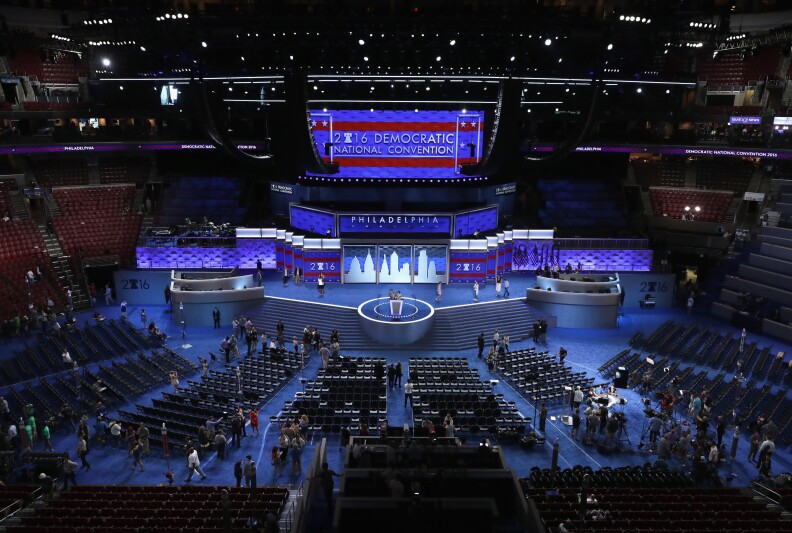 PHILADELPHIA, PA - JULY 24: Preparations continue for Democratic National Convention at the Wells Fargo Center on July 24, 2016 in Philadelphia, Pennsylvania. The DNC starts Monday July 25.  (Photo by Chip Somodevilla/Getty Images)