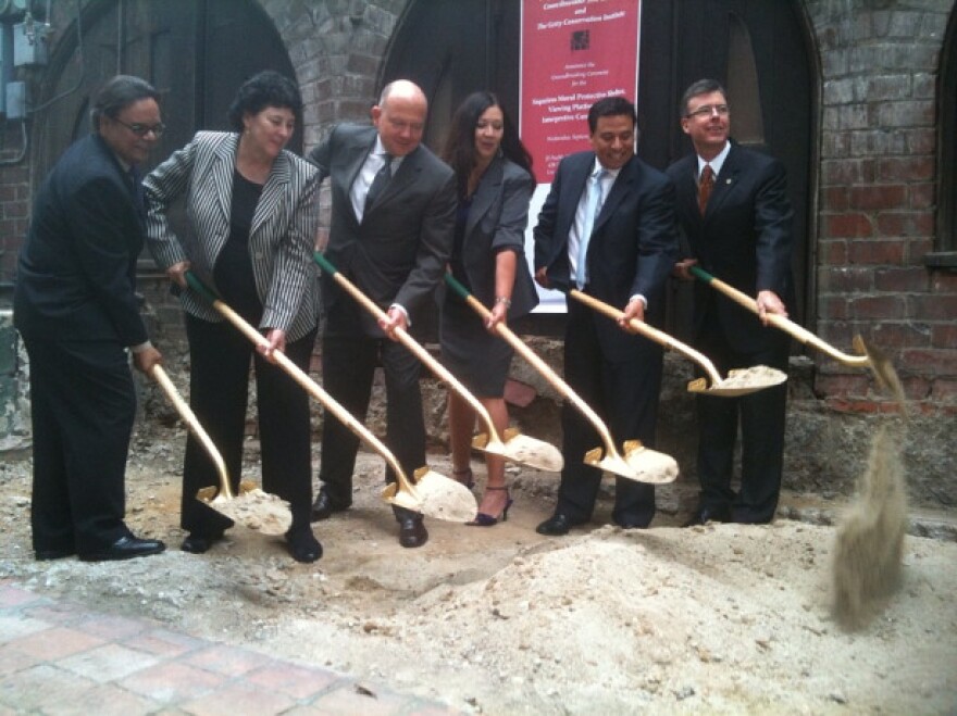 Los Angeles civic leaders break ground on an interpretive center for a David Alfaro Siqueiros mural on Olvera Street in downtown L.A., Sep. 8, 2010.
