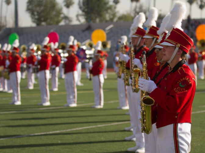 Members of the Tournament of Roses Honor Band on the field Friday afternoon at Pasadena City College.