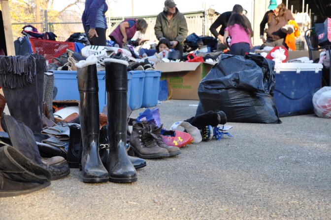 Visitors to the ad-hoc Thomas Fire aid station can take home donated shoes, clothing, food, kitchen appliances, dishes and even power tools.