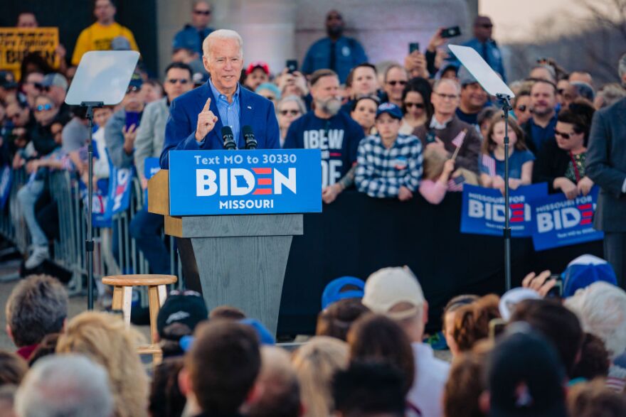 KANSAS CITY, MO - MARCH 07: Democratic Presidential Candidate former Vice President Joe Biden speaks to a full crowd during the Joe Biden Campaign Rally at the National World War I Museum and Memorial on March 7, 2020 in Kansas City, Missouri. (Photo by Kyle Rivas/Getty Images)