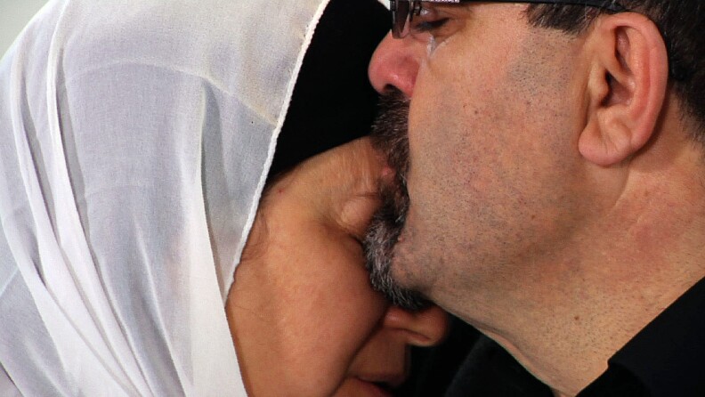 Namee Barakat hugs a female relative during a news conference in Raleigh, N.C., about the death of his son, Deah, his daughter-in-law and her sister on Wednesday, Feb. 11, 2015. Barakat said the death penalty “would not be enough” for Craig Hicks, the man charged with murdering the three Muslim students. (AP Photo/Allen G. Breed)
