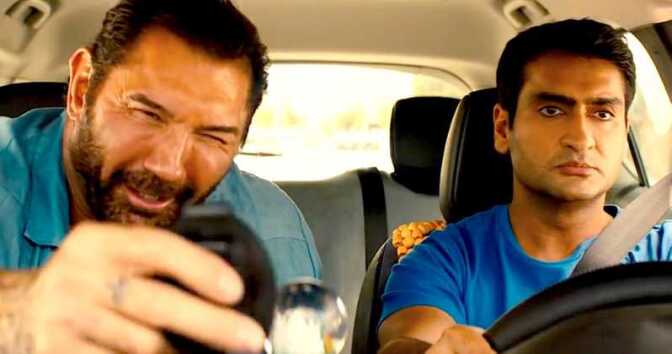 Kumail Nanjiani, right, stars in "Stuber" with Dave Bautista. 