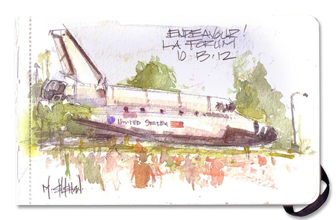 When everyone else was taking photos or video, Mike Sheehan sketched Shuttle Endeavour last weekend as it traveled from LAX to the California Science Center. 