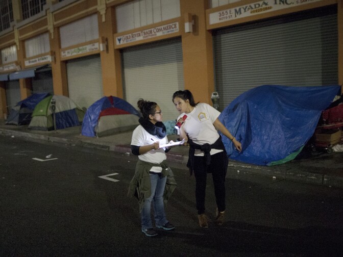 File: Volunteers count homeless people on a dark street on Skid Row during the 2015 Greater Los Angeles Homeless Count conducted by the L.A. Homeless Services Authority on Jan. 29, 2015.