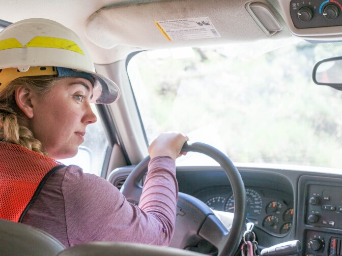 US Forest Service crew member and botanist Paris Krause drives through moderate and high-intensity burn areas one year after the Lake Fire in the San Bernardino National Forest on Wednesday, July 20, 2016.