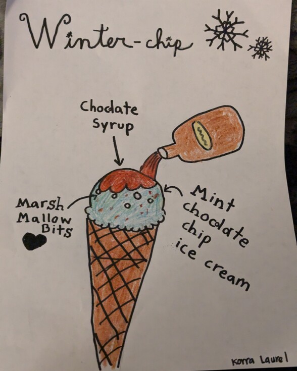 An illustration of an ice cream cone that says "Winter-chip" at the top and points to chocolate syrup, mint chocolate chip ice cream and marshmallow bits in the ice cream cone.