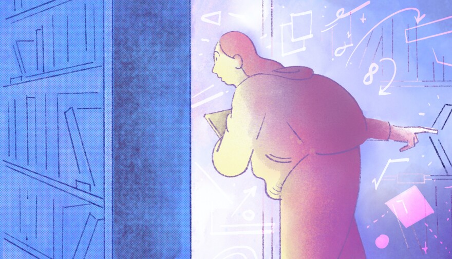 An illustration of a student looking behind a secret bookcase to discover hidden knowledge.