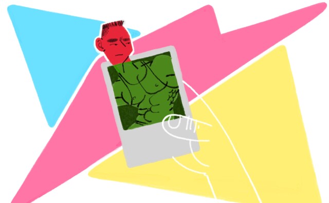 A photo of a muscular male torso is seen on a phone in this illustration. The head of the figure extends beyond the boundaries of the phone. The body is tinted green, while the extended head is tinted red.