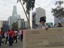 Members of United Teachers Los Angeles — the union representing Los Angeles Unified School District teachers — hold a protest outside district headquarters on June 14, 2016.