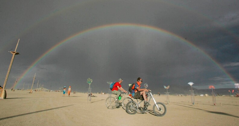 A rainbow is cast over the Black Rock Desert in Gerlach, Nev., during the Burning Man festival on Friday, Aug. 31, 2007.  