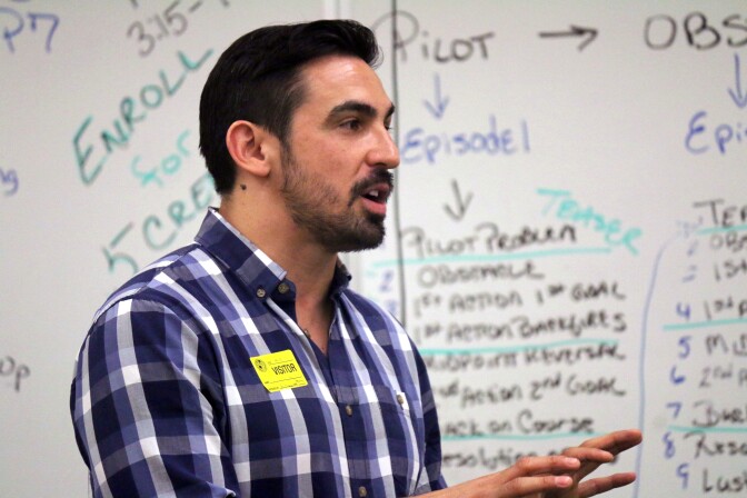 Moises Zamora, a writer for the third season of ABC's "American Crime" speaks to a film class at Dorsey High School. 