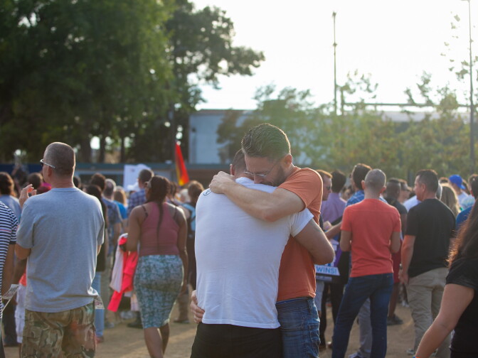 Saul Aldana  and Todd Parkhill share an emotional embrace while listening to speakers at the rally in West Hollywood Park. "It's a dream come true." Aldana said. Aldana said he didn't think he would have seen this day during his lifetime. "I didn't ever expect it [to come]," said Parkhill, at the Decision Day Rally on Friday, June 26, 2015.