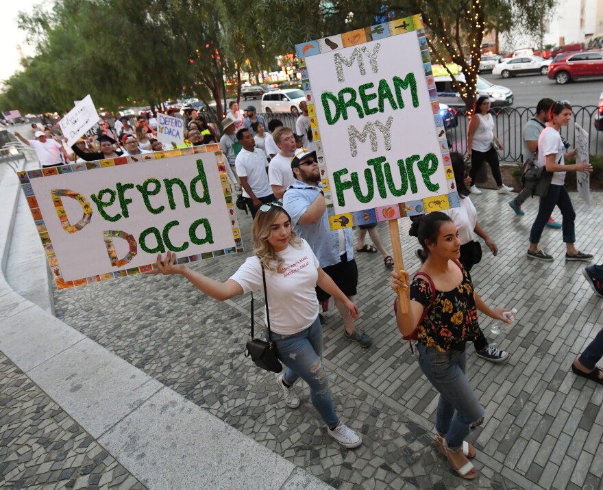 LAS VEGAS, NV - SEPTEMBER 10:  Immigrants and supporters march on the Las Vegas Strip during a "We Rise for the Dream" rally to oppose U.S. President Donald Trump's order to end DACA on September 10, 2017 in Las Vegas, Nevada. The Obama-era Deferred Action for Childhood Arrivals program protects young immigrants who grew up in the U.S. after arriving with their undocumented parents from deportation to a foreign country. Trump's executive order removes protection for about 800,000 current "dreamers," about 13,000 of whom live in Nevada. Congress has the option to replace the policy with legislation before DACA expires on March 5, 2018.  (Photo by Ethan Miller/Getty Images)