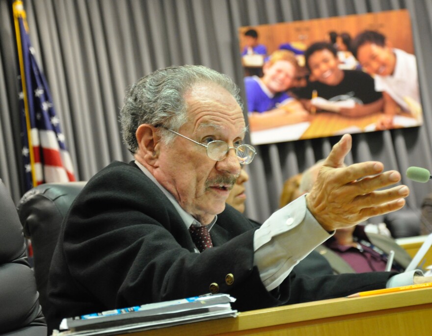 Los Angeles Unified school board member George McKenna speaks during a board meeting on Aug. 22, 2017.
